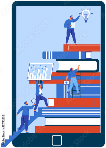 People work with online library, bookstores, ebook development. Internet education. Smartphone with app for reading and downloading book, audiobooks. Analysis of library application statistics