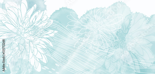 Pre-made design with with  flowers, turquoise watercolor splash and place for text. Vector layout decorative greeting card or invitation design background, wallpaper design.