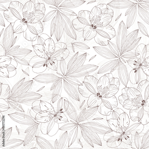 Seamless vector pattern with  flowers and leaves on white.  Floral abstract background.  Line art. Perfect for wallpaper  wrapping  fabric and textile.