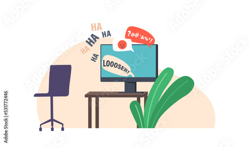 Mockery, Cyber Bullying, Aggression in Social Media. Computer Desktop with Bully Messages on Screen, Cyberbullying