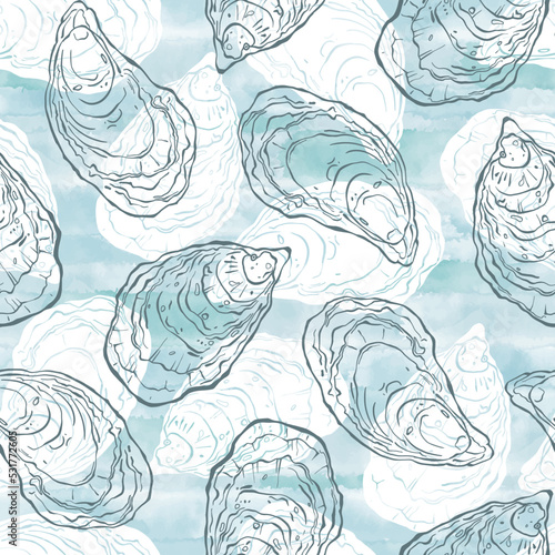 Seamless vector pattern with oysters on blue watercolor background. Templates for menu design, packaging, restaurants and catering. Hand drawn. Perfect for wallpaper, wrapping, fabric and textile.