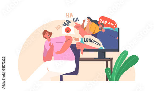 Cyber Bullying, Social Attack, Bully Hate. Female Character Crying front of Computer Screen after Being Bullied
