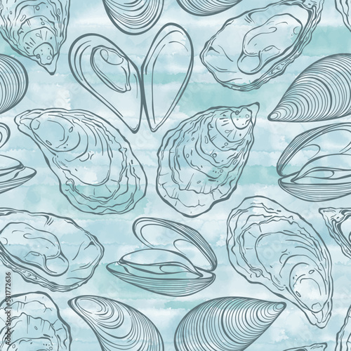 Seamless  pattern with oysters on blue watercolor background. Food vector Illustration. Templates for menu design, packaging, restaurants and catering. Hand drawn images. Perfect for wallpaper, wrappi