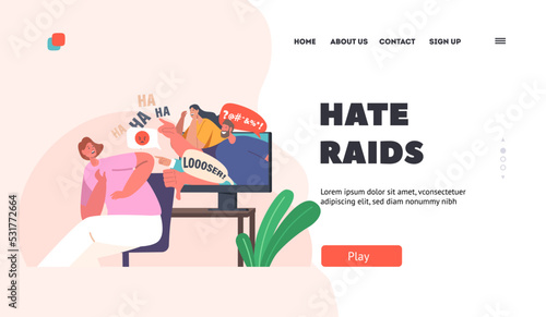 Hate Raids Landing Page Template. Cyber Bullying, Social Attack, Bully Hate. Female Character Crying front of Computer
