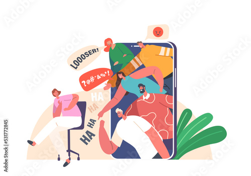 Bullying in Social Media, Bulling Abuse and Harassment Concept. Female Character Sit with Frightened Face at Smartphone