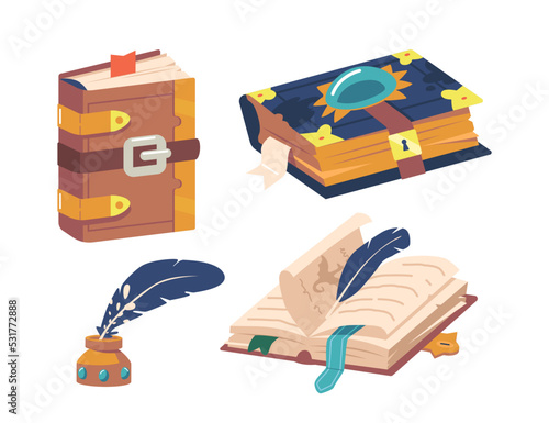Magic Spell Books And Ink Feather Pen, Fantasy Alchemy Grimoires, Wizard Witchcraft Fairytale Or Game Ancient Volumes