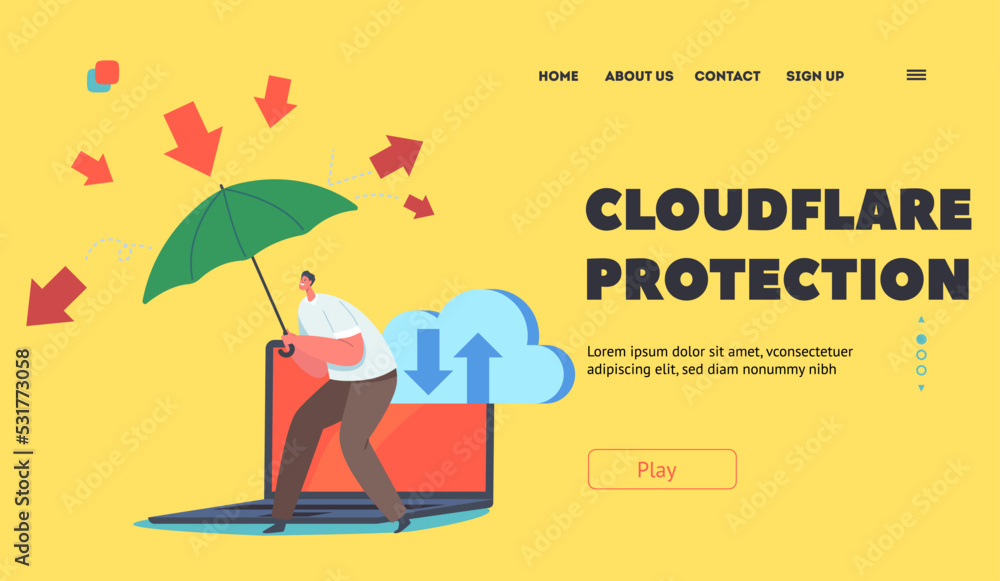 Cloudflare Protection Landing Page Template. Hacker Attack And Safety Digital Technology Concept. Man with Umbrella
