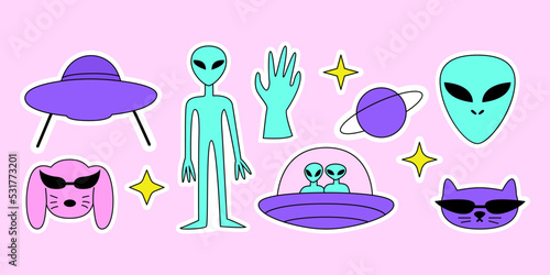 Set of cute y2k stickers on isolated background. Alien, ufo ship, cat and dog in futuristic sunglasses and stars. Vector illustration in 90s, 00s nostalgia style.