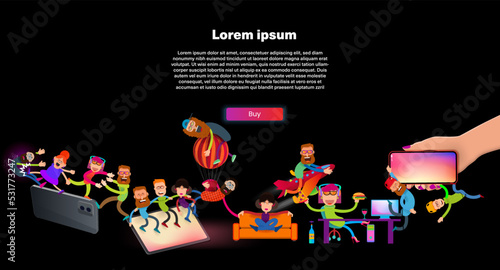 A collection of cartoon characters on a black background and a buy button