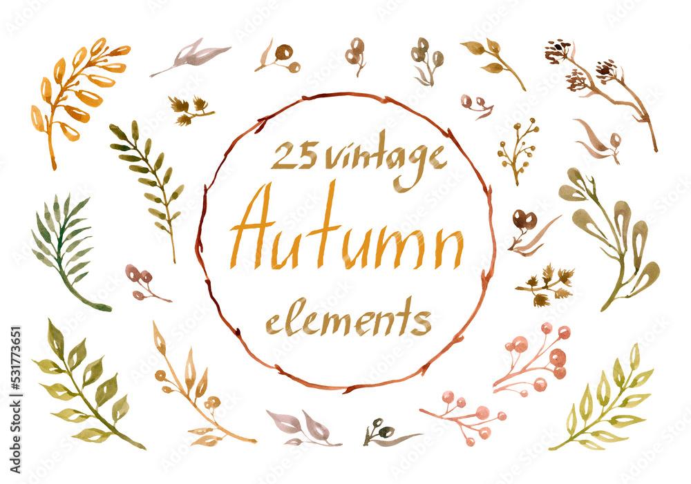 Handpainted watercolor leaves Autumn vintage collection. It's perfect for cards, patterns, flowers compositions, frames, wedding cards and invitations.