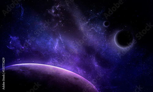 abstract space illustration, moon planet and blue light from stars, background