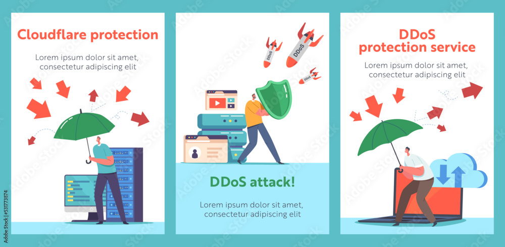 Ddos Protection, Cyber Security And Safety Data Cartoon Banners. People ...