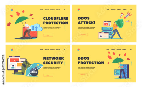 Ddos Protection, Cyber Security, Data Safety Landing Page Template Set. People with Shield and Umbrella Protect Servers