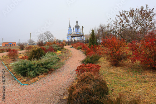 Blue church in village Maryanivka, Kyiv Oblast, Ukraine photo