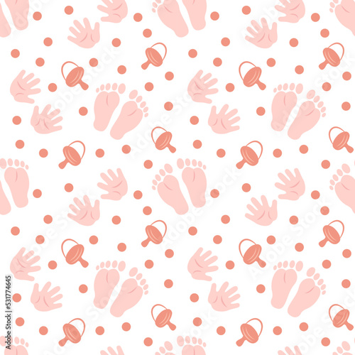 Baby pattern4. Seamless pattern with baby pacifier  footprints  handprints and circles.