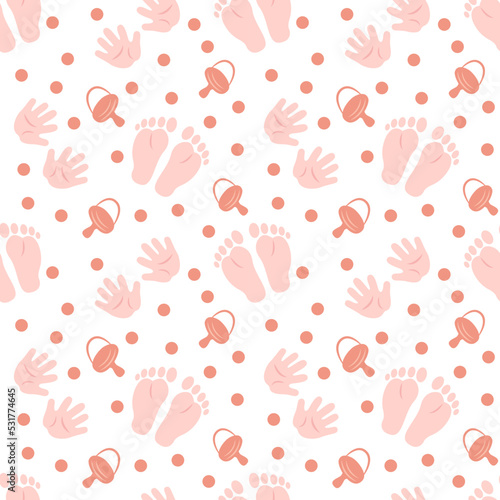 Baby pattern4. Seamless pattern with baby pacifier, footprints, handprints and circles.