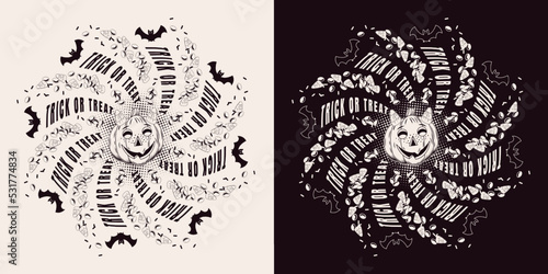 Round halloween illustration with flying apart candy, sweets, halftone shapes, bat, pumpkin stylized as little imp. Holiday swirl mandala with traditional text Trick or Treat.