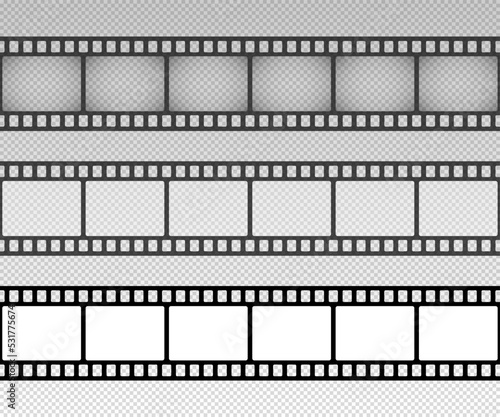 Film strip pattern. Repeated black filmstrip on transparent background. Element for design old video film format. Repeating clipping reel movie. Photo frame tape. Roll camera. Vector illustration