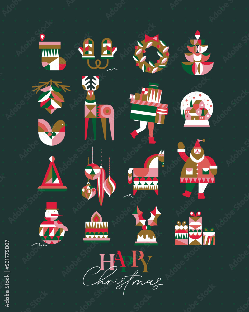 Set of Christmas symbols in cubism style sock, gloves, wreath, tree, cone, deer, gifts, winter snow globe, bird, hat, decorations, horse, Santa, snowman pie candle drawing on green background