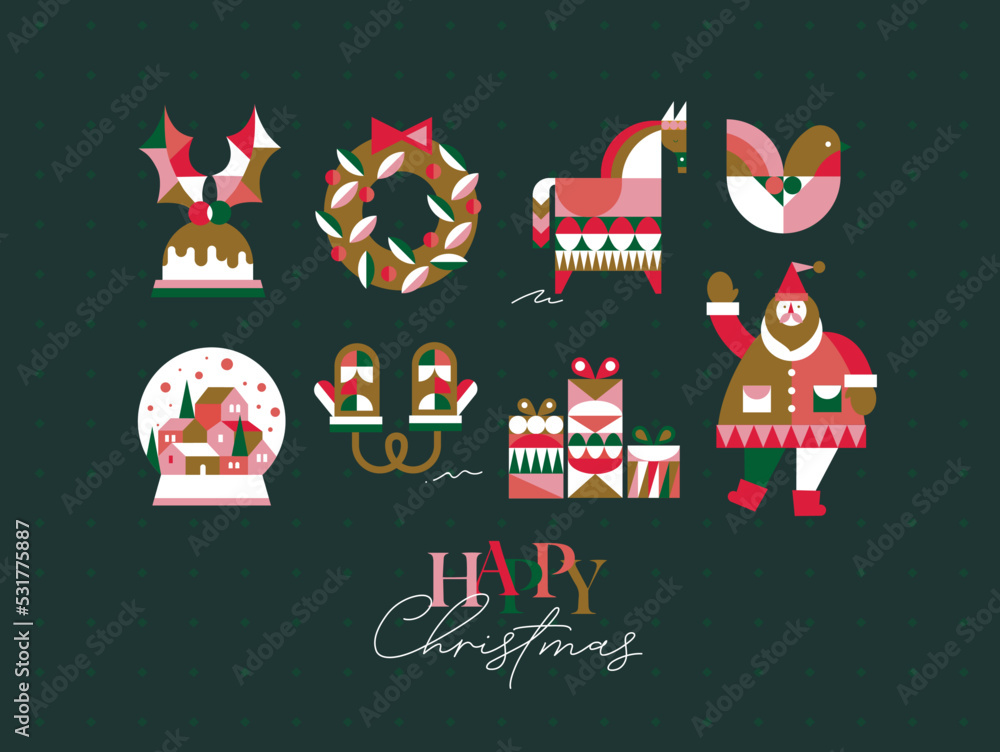 Set of Christmas symbols in cubism style gloves, wreath, gifts, winter snow globe, bird, horse, Santa drawing on green background
