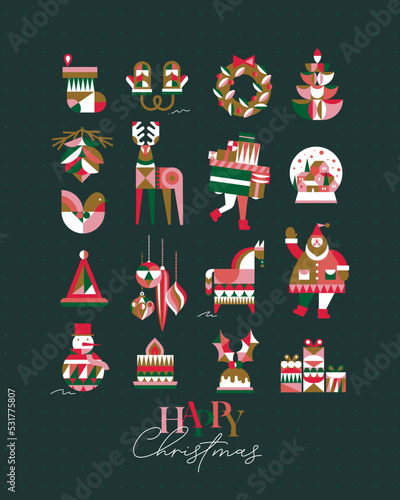 Set of Christmas symbols in cubism style sock, gloves, wreath, tree, cone, deer, gifts, winter snow globe, bird, hat, decorations, horse, Santa, snowman pie candle drawing on green background