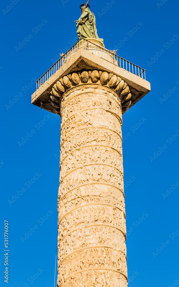 Rome, Italy. The upper part of the column of Marcus Aurelius (176 - 192) with bas-reliefs