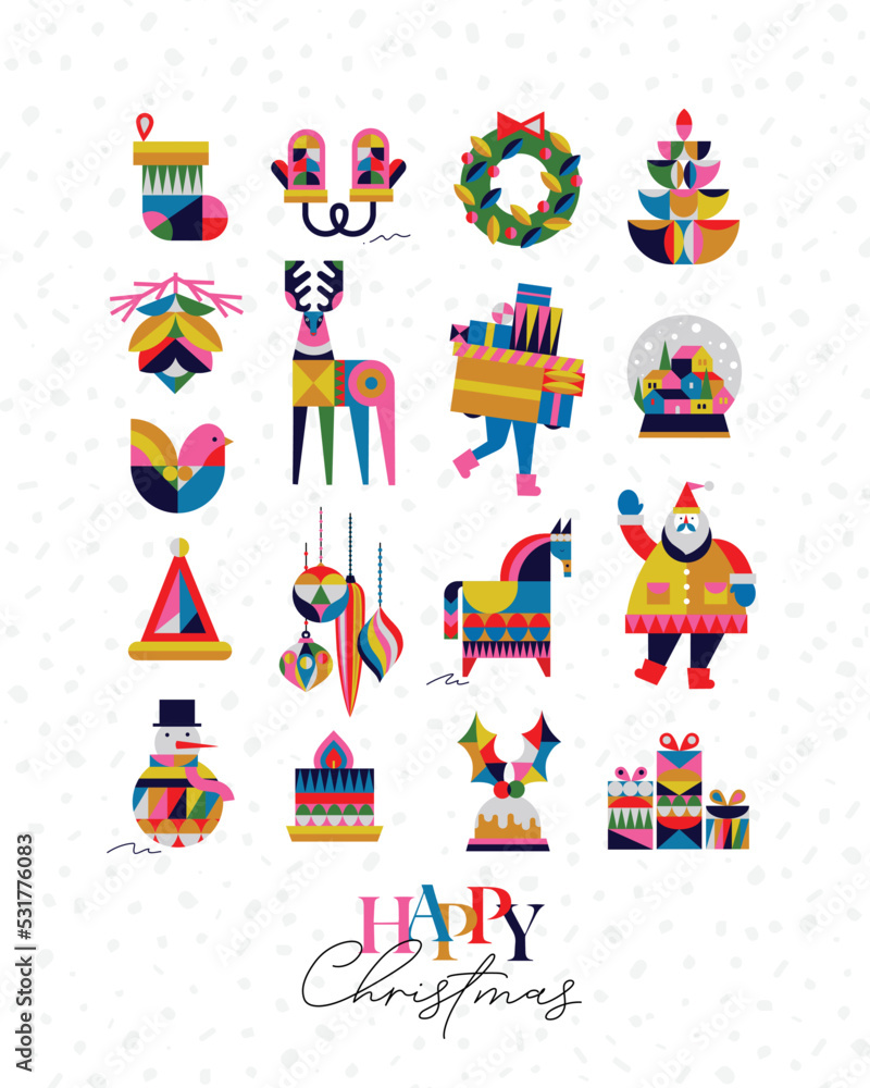Set of Christmas symbols in cubism style sock, gloves, wreath, tree, cone, deer, gifts, winter snow globe, bird, hat, decorations, horse, Santa, snowman pie candle drawing on white background