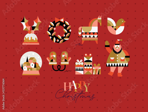 Set of Christmas symbols in cubism style gloves  wreath  gifts  winter snow globe  bird  horse  Santa drawing on red background