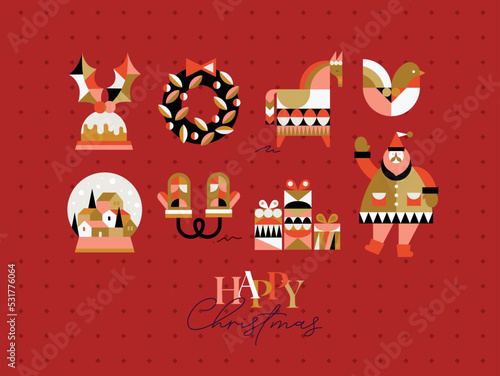 Set of Christmas symbols in cubism style gloves, wreath, gifts, winter snow globe, bird, horse, Santa drawing on red background