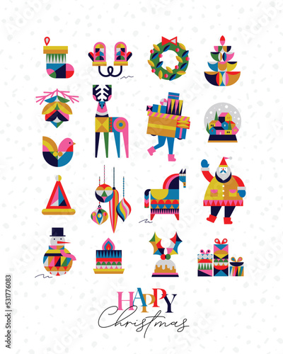 Obraz na płótnie Set of Christmas symbols in cubism style sock, gloves, wreath, tree, cone, deer, gifts, winter snow globe, bird, hat, decorations, horse, Santa, snowman pie candle drawing on white background w salonie