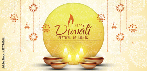 Happy Diwali - festival of lights colorful banner template design with decorative diya lamp. vector illustration.