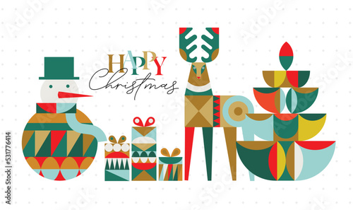 Poster snowman, present box, deer, tree lettering happy Christmas in cubism style drawing on light background