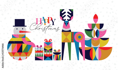 Poster snowman, present box, deer, tree lettering happy Christmas in cubism style drawing on white background