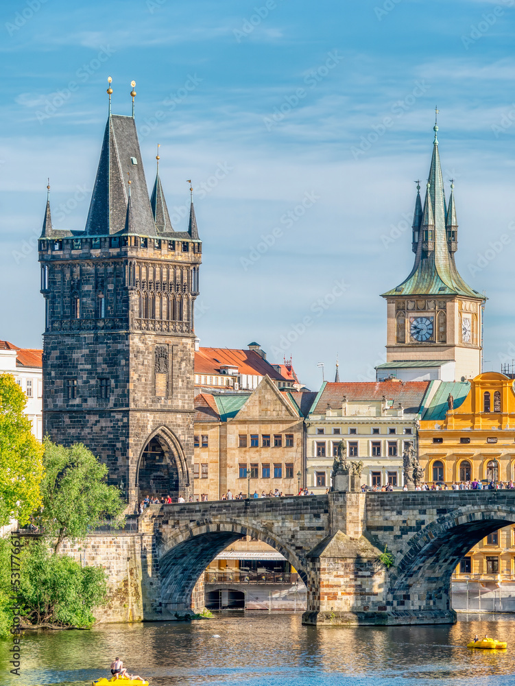 Beautiful view with Old Town Bridge Tower and Charles Bridge in Prague, a major touristic attraction Beautiful view with Old Town Bridge Tower and Charles Bridge in Prague, a major touristic attraction