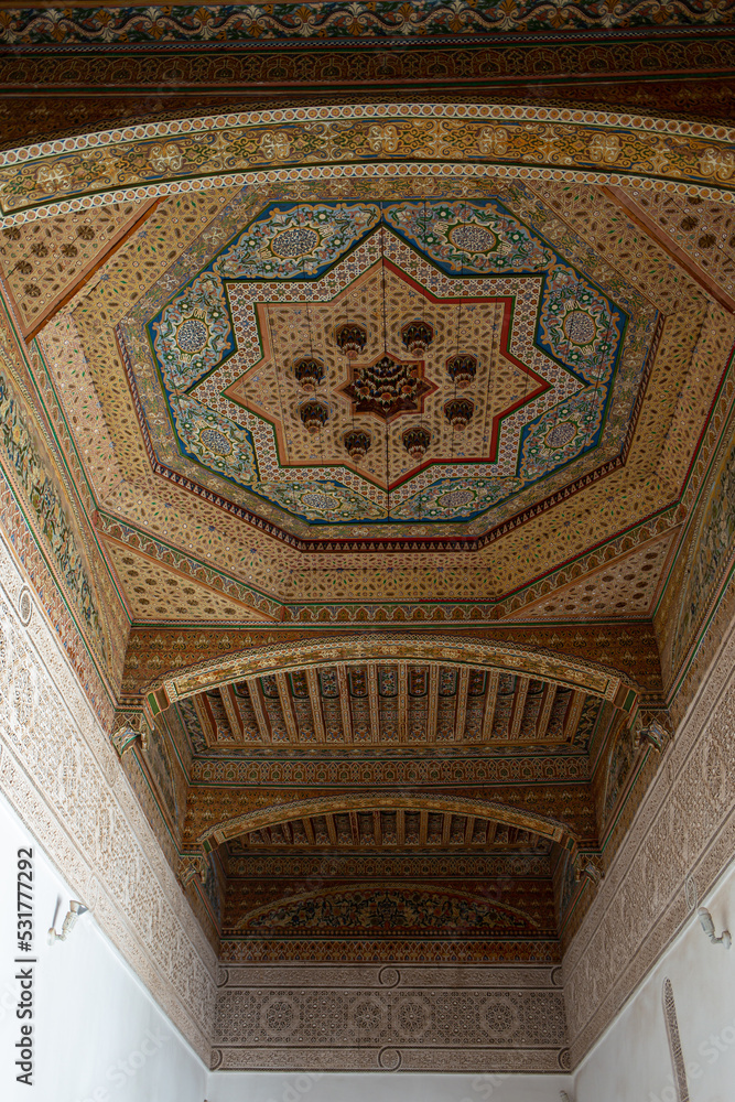Ancient Arabian tiled pattern in the roof of an ancient building in Marrakesh
