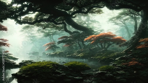 Dark Japanese garden with big old trees  Japanese forest  park. Fantasy landscape  dense forest landscape. 3D illustration.