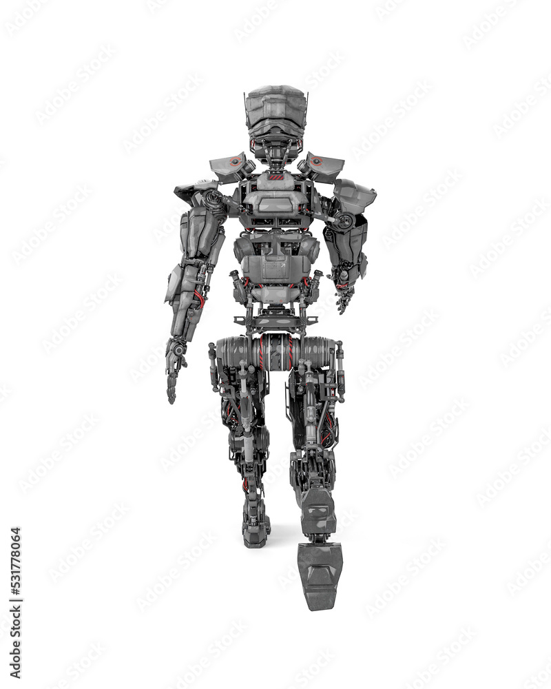 mega robot is walking on white background rear view mega robot is walking on white background rear view