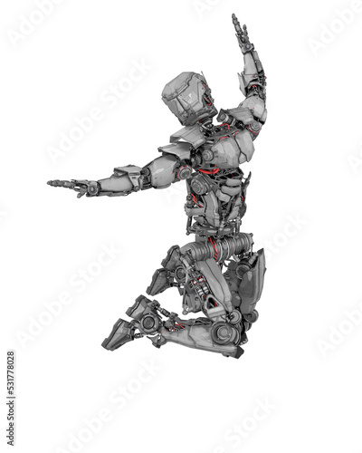 mega robot is happy and jumping in white background