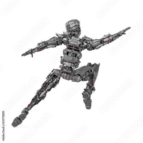 mega robotin action on white background rear view