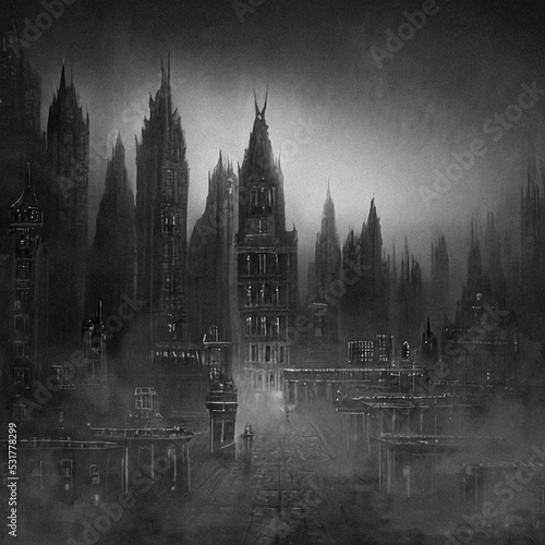 Night city in the fog.