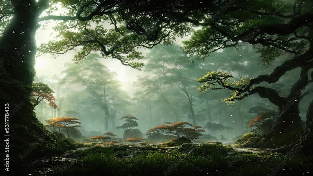 Dark Japanese garden with big old trees, Japanese forest, park. Fantasy