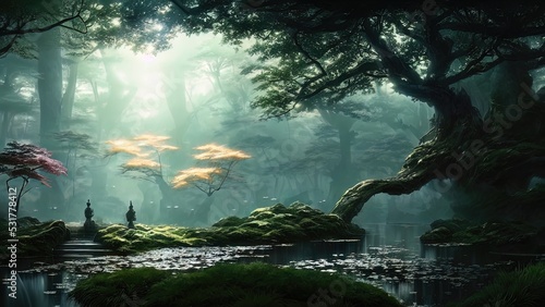 Dark Japanese garden with big old trees  Japanese forest  park. Fantasy landscape  dense forest landscape. 3D illustration.