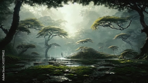 Dark Japanese garden with big old trees  Japanese forest  park. Fantasy landscape  dense forest landscape. 3D illustration.