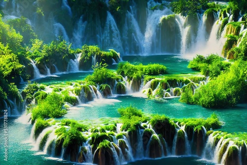 Raster illustration of beautiful wildlife landscape with jungle mountains, waterfall and lake. Wildlife, lots of greenery and plants, stream, mountains, rocks, mountain ranges and massifs. 3d artwork