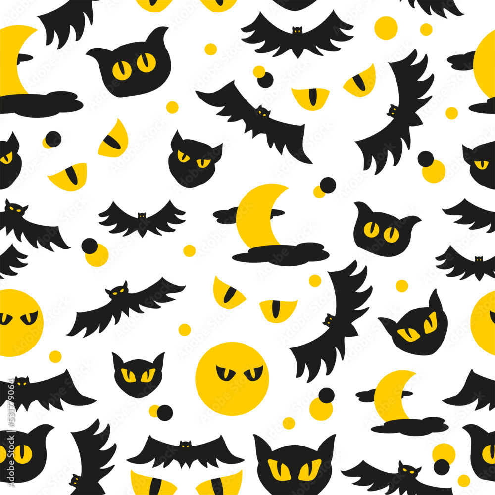 Seamless pattern for Halloween, bats, cats, moon
