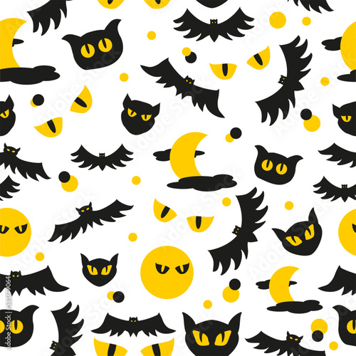 Seamless pattern for Halloween, bats, cats, moon