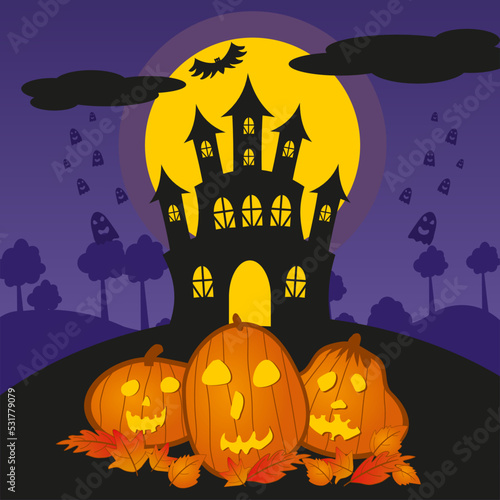 alloween night. Bats, ghosts and pumpkins near the scary castle