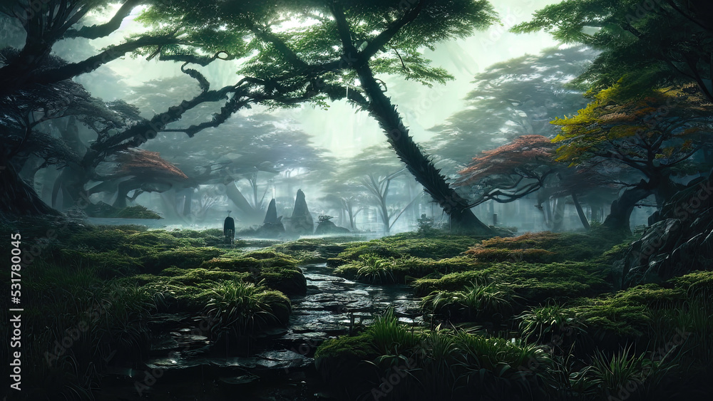 Dark Japanese garden with big old trees, Japanese forest, park. Fantasy