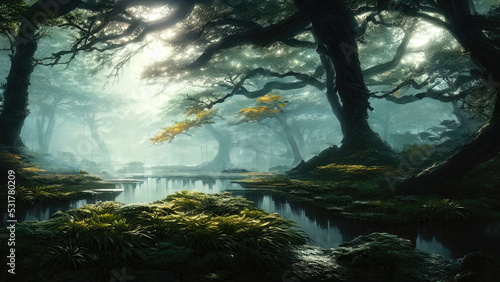 Dark Japanese garden with big old trees, Japanese forest, park. Fantasy landscape, dense forest landscape. 3D illustration. © Terablete