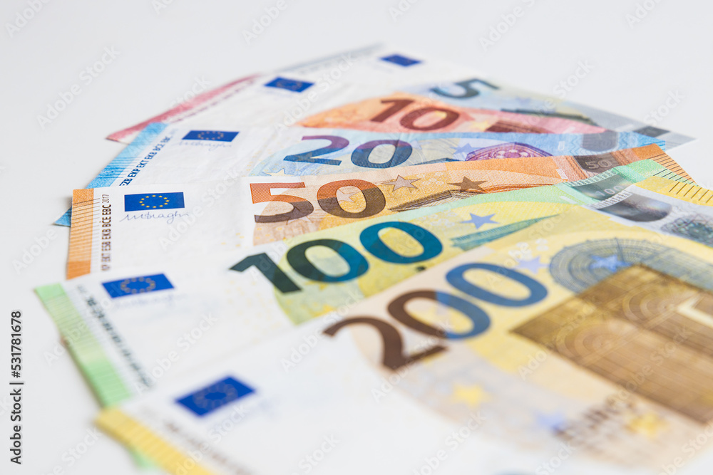 A set of several different Euro banknotes from 5 to 200 Euro